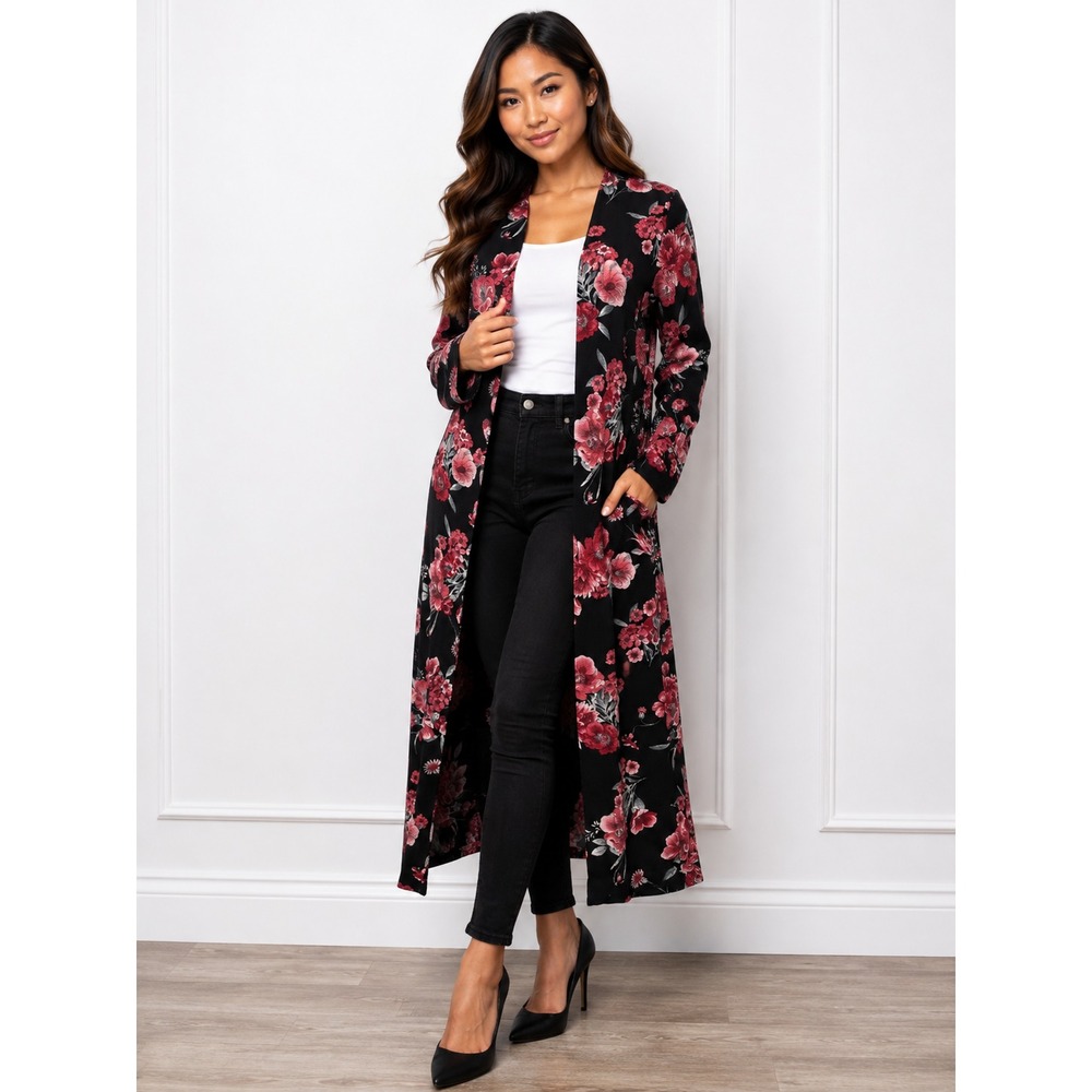 Guess Black Pink Floral longline Open Front Duster Cardigan